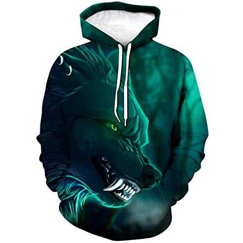 ARORALS Herren Wolf Hoodie Herbst Winter Langarm Pullover Tier Thema Sweatshirt Realistische Grafik Hoodie, Grün , Medium