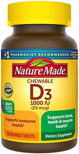 Nature Made Vitamin D3, 120 Chewable Tablets, Vitamin D 1000 IU (25 mcg) Helps Support Immune Health, Strong Bones and Teeth, & Muscle Function, One Daily Chewable Tablet
