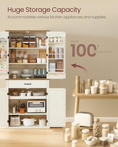 Image of VASAGLE Pantry Cabinet, Tall Storage Cabinet with Drawer, 70.3-Inch | Farmhouse kitchen cabinet with barn doors, tray, adjustable shelves, Rustic White, UBBK364WJ01S