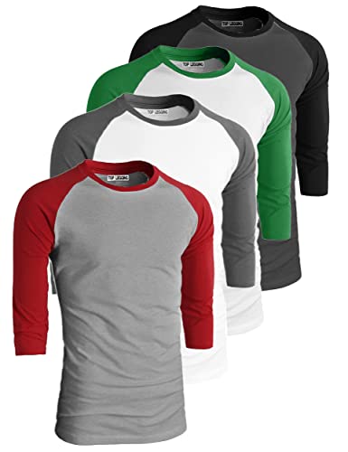 Men's 4 Pack Regular Fit 3/4 Sleeve Baseball T-Shirt -Cotton Raglan Jersey S-5Xl Cha_Blk/Wh_Cha/Wh_Grn/Ltg_Red 3X-Large #TOP22
