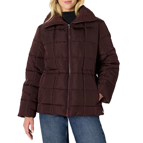 Amazon Essentials Women's Oversized-Fit Square Quilted Puffer Jacket with Adjustable Waist, Dark Maroon, Large