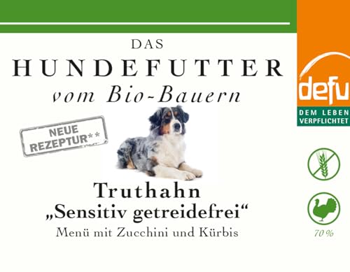 defu Hundefutter | 12 x 200 g | Bio Truthahn Sensitiv Getreidefrei | Premium Bio Nassfutter Menü | Alleinfuttermittel für Hunde