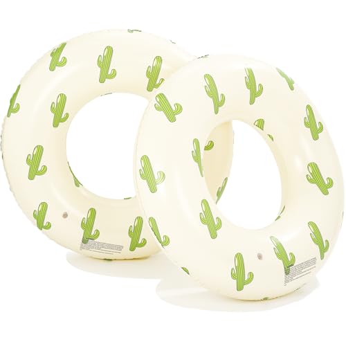Inflatable Pool Floats Adults - 2 Pack Hawaiian Floaties Pool Tubes Swim Rings Striped Green Red Yellow Inflatable Pool Float for Swimming Pool Party Lake Beach Adults (Cactus, Large-32 inch)
