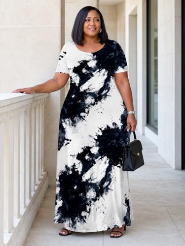 Image of SUZONANA Plus Size Maxi Dress for Curvy Women Summer Casual Sundress Short Sleeve Loose Vacation Dress