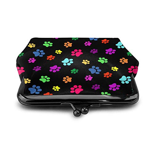 Colorful Dog Cat Paw Print Women's Leather Coin Purse, Small Change Pouch With Kiss-Lock Clasp Closure Buckle Wallet For Girl Gift #TOP1
