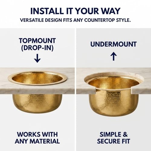 Nantucket Sinks Hand Hammered Unlacquered Brass Bar Sink – 15" Small Kitchen Sink for Wet Bar & Prep Area, Round Single Bowl, Drop In or Undermount, Handmade, Gold Color – RS15-UB Brightwork by Nantucket - Image 5