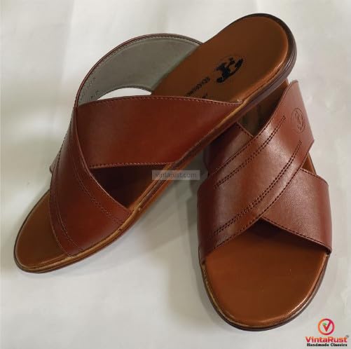 Brown Cross-Strap Flats, Handmade Brown Leather Cross-Strap Sandals, Men’s Open Toe Cross Strap Slides, Casual Summer Footwear4