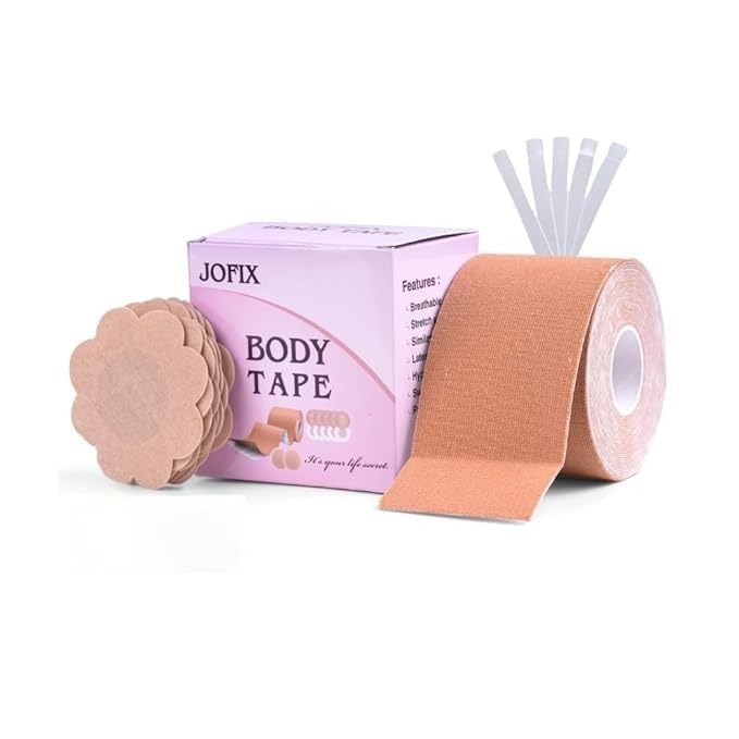 Boob Tape Kit - Instant Boob Tape with 10 Nipple Pasties for Fashion with 36 Strips Double Sided Tape for Clothes (Beige)
