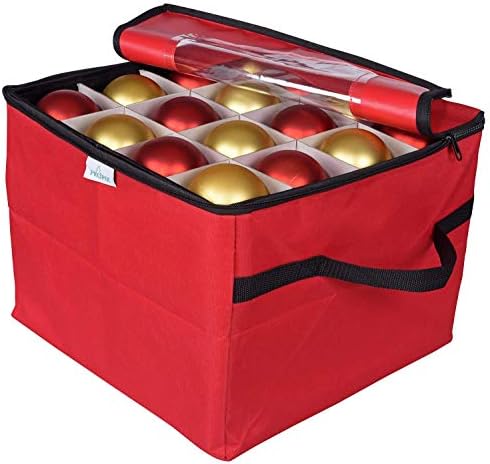 ProPik Christmas Ornament Storage Box, Organizer Holds Up to 48 Xmas Balls with 3 Separate Removable Trays, Container has Dividers to Organize Holiday Tree Ornaments (Red)