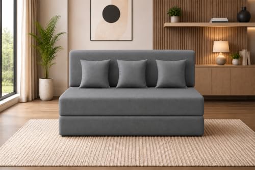 Image of Sofa Cum Bed with Jute Fabric, Convertible Three Seater Sofa Bed 5x6 Ft, Comfortable Cushioned Seating, Space Saving Design for Living Room, Bedroom & Guest Room - Grey Color