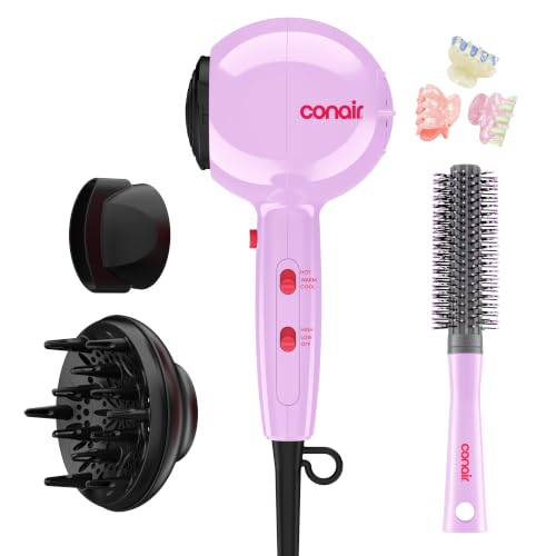Image of Conair Cake Pop Blowout Kit, Hair Dryer with Diffuser & Concentrator, Round Brush, 3 Claw Clips, Blow Dryer for Women, Tourmaline Ceramic Technology, 3 Heat /2 Speeds, Lilac, 505AMZ