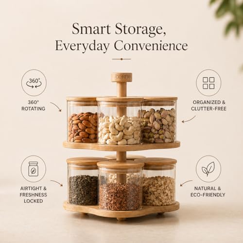 Image of Rotating 2-Tier Borosilicate Glass Spice Jar Set of 8 | 370ml Each | Airtight Lids | Revolving Stand | Masala Storage for Indian Kitchen | Lead-Free
