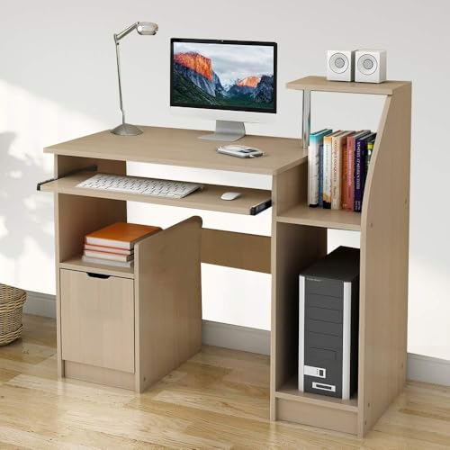 CROWNSHOP Computer Desk Study Desk with Sliding Keyboard Storage Shelves Office Desk Workstations Wooden Laptop Writing Table for Home Office Bedroom 80x40x90CM