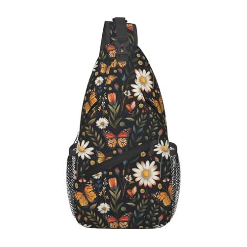 Image of SUPLUCHOM Sling Bag Vintage Butterfly Daisy Leaf Hiking Daypack Crossbody Shoulder Backpack Travel Chest Pack for Men Women