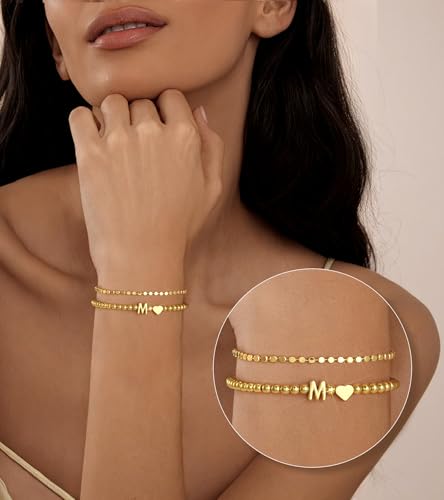 Wowshow 18K Gold Plated Stretch Initial Beaded Bracelet w/ Heart Charm (A,C,E,J,L,S) - image 3