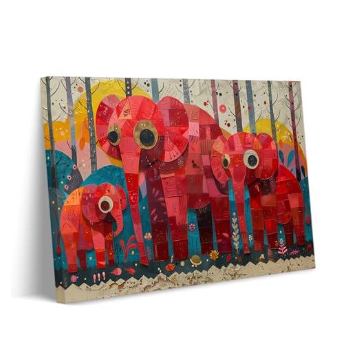 Impression collage animal moderne famille d’éléphants rouge pour salon et chambre