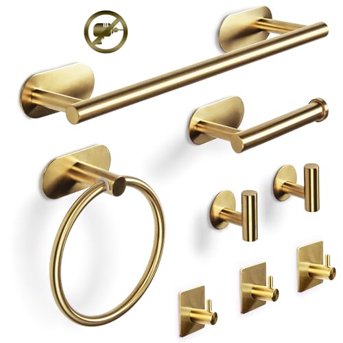 Virklyee Set Porta Asciugamano 8 Pezzi Portasciugamani Porta Carta Igienica Anello Asciugamano 5 Gancio Set da Bagno Autoadesivo in Acciaio Inox Porta Asciugamani Appeso a Parete Bagno Cucina(Oro)