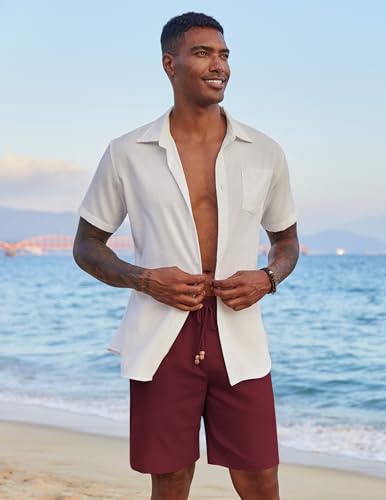 Image of COOFANDY Mens Casual Linen Shorts Elastic Waist Drawstring Loose Fit Summer Beach Vacation Shorts with Pockets
