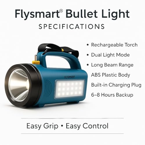 Image of Flysmart Bullet Dau Long Range LED Searchlight, Heavy Duty Emergency Torch with Powerful Focus Beam, Front Spotlight + Side LED Light, Free Flora AA Torch