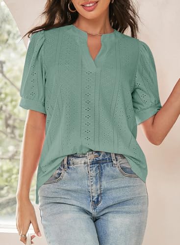 Image of Dokotoo Womens Blouses V Neck Puff Short Sleeve Business Casual Tops