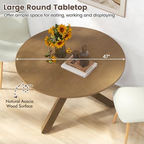 Image of Giantex 47 inch Round Dining Table with Intersecting Acacia Wood Legs, Adjustable Foot Pads, 500Lbs Capacity, Mid Century Kitchen Table for 4-6 Person Dinner, Dinette, Dining Room, Restaurant