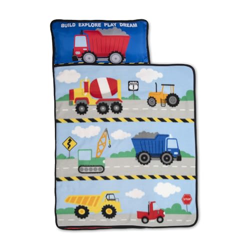 Funhouse Construction Area Trucks Kids Nap Mat Set – Includes Removable Pillow and Fleece Blanket – Great for Boys Napping During Daycare or Preschool - Fits Toddlers, Blue