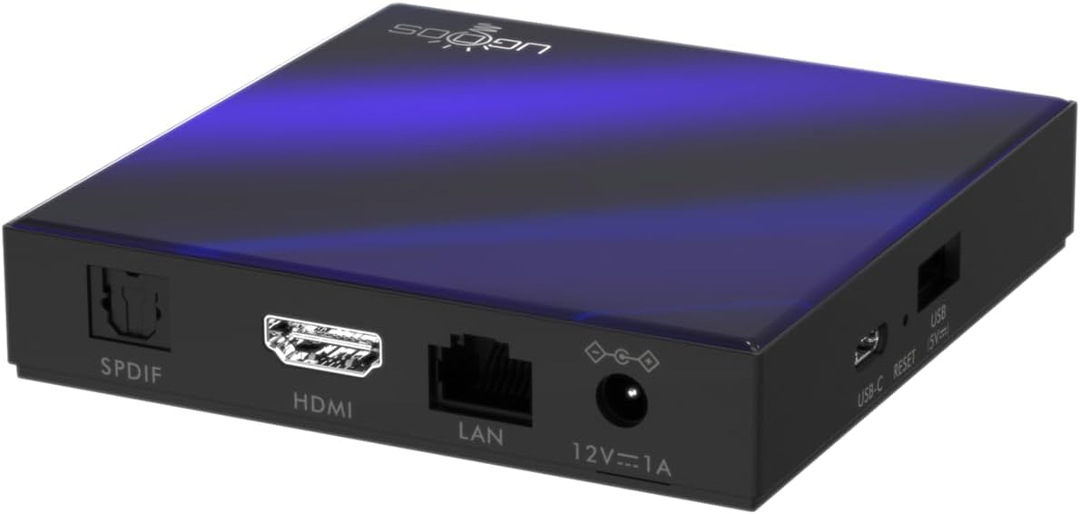 Ugoos SK2 TV Box rear view with SPDIF, HDMI, LAN, and Power ports