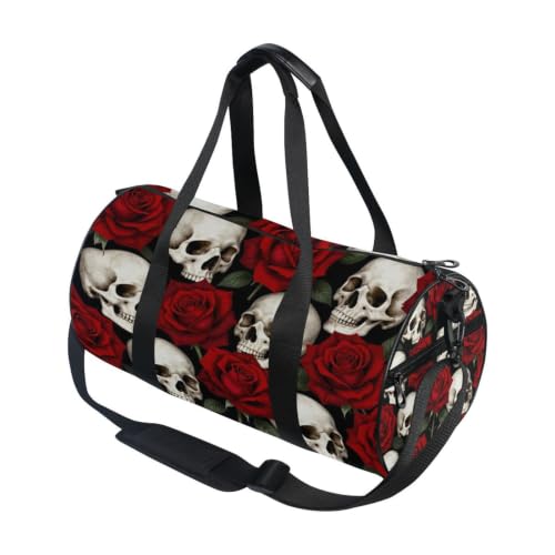 Bolsa de deporte ligera de rosas rojas y calaveras con práctico bolsillo interior