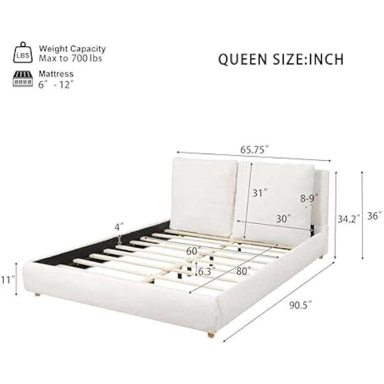 Merax Queen Size Boucle Fabric Upholstered Platform Bed with Two Removable Pillow Headboard, Wood Bed Frame with Solid Round Legs for Kids Teens Adults, White