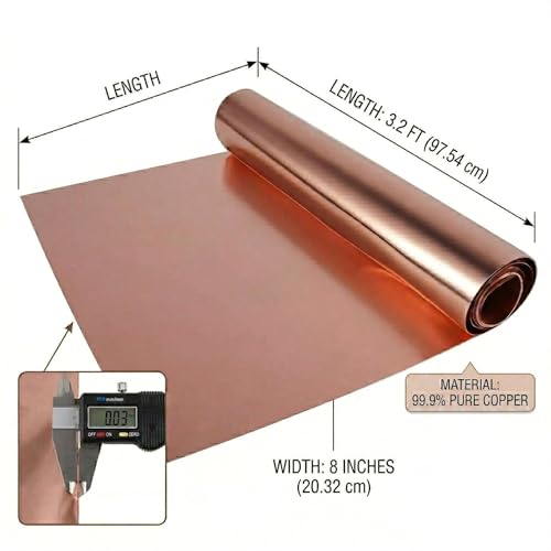 Image of Versatile Copper Sheet for Crafting and Electrical Projects - 0.03mm x 8in x 3.2ft, Waterproof & Heat-Resistant Copper Mesh Roll