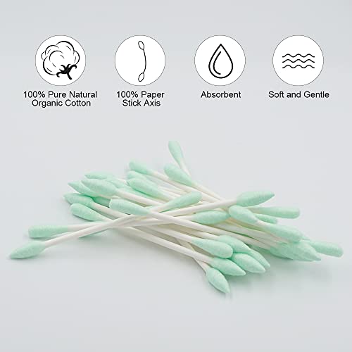 Image of Green Cotton Swabs Precision Pointed - 400 Count Pointy Organic Cotton Buds Double Side Tightly Wrapped Cotton Tips Paper Stick Soft Gentle Lint-Free Cruelty-Free, Pointy & Round (Green)