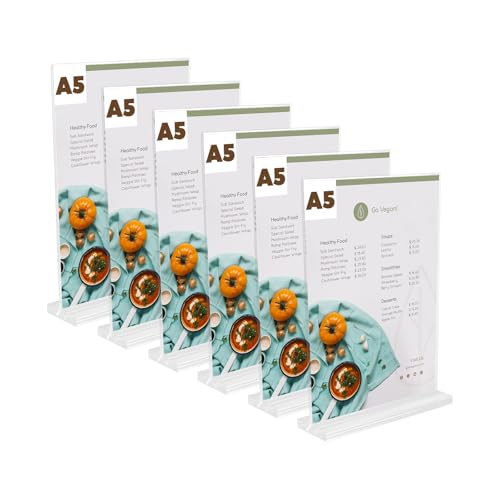 OulQinyhome 6 Pezzi Espositore Plexiglass A5 - Porta Menù Acrilico A5 - T Forma Porta-avvisi - Espositori da Tavolo in Acrilico per Ristoranti Ufficio Menu Foto