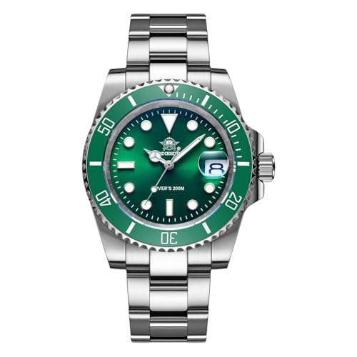 ADDIESDIVE Men's Quartz Diver Watch Waterproof 200 M Green Dial Luminous Stainless Steel Strap