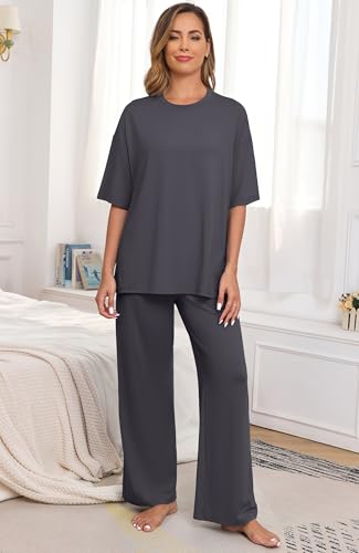 Image of PrinStory Womens Pajamas Sets 2 Piece Lounge Set Short Sleeve Tops and Long Pants Soft Pjs Loungewear with Pockets