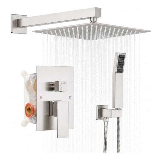 MTTCLE 10' Rainfall Shower Faucet Set with Handheld Combo, Brushed Nickel