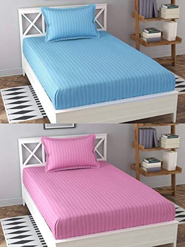 Image of Prime Collection 295 TC Combo Pack of 2 Single Sized (90x60) Satin Striped Bedsheet with 2 Pillow Cover Long Lasting Single Bedsheet for Hotel, Hospital and Home Use