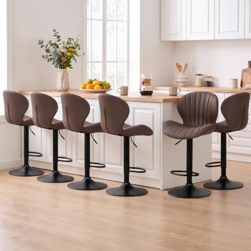 Image of MALOL Bar Stools Set of 6, Swivel Adjustable Height Leather Bar Chair,Brown