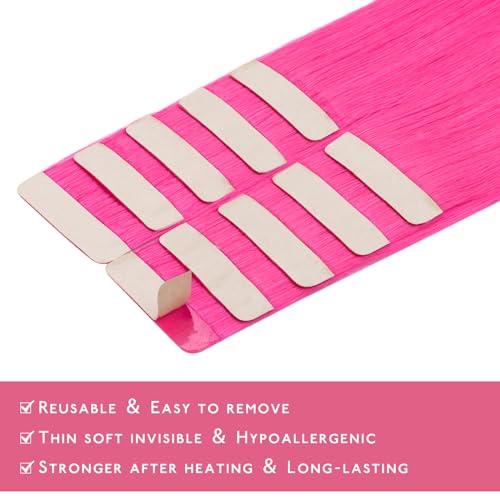 Image of WENNALIFE Tape in Hair Extensions Human Hair Hot Pink Tape in Extensions, 10pcs 30g 26 inch Remy Invisible Tape Ins Straight Colored Soft Real Human Hair Tape in Extensions Refill Set Extensions
