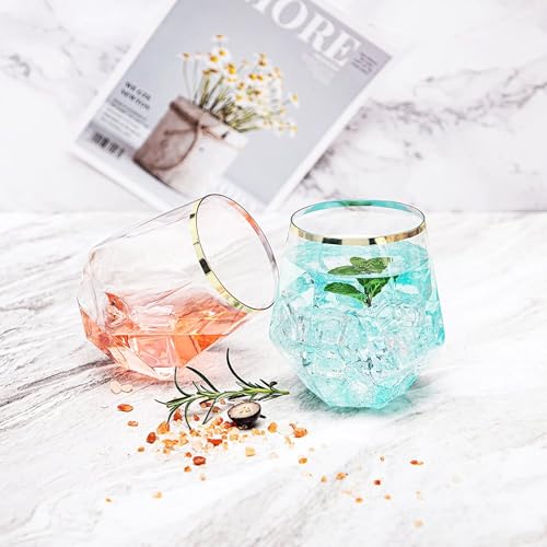 Hyuetrsa 40 Pcs Plastic Wine Cups,12 Oz Gold Rim Plastic Diamond Wine Glass Disposable Stemless Wine Glasses Unbreakable Diamond Wine Glasses for Housewarming Birthday Party Wedding