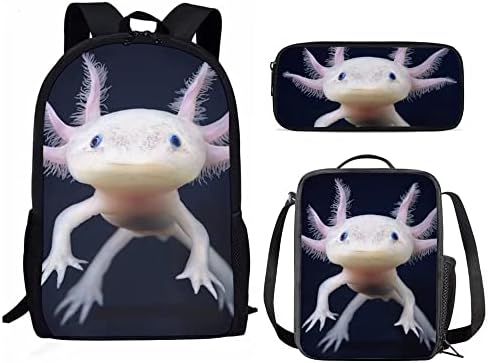 AmzPrint Axolotl Animal Print Bookbag With Lunchbox For Girls American Children Back To School Gift 3pcs Backpack Set
