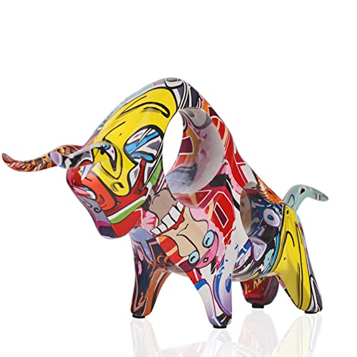 Resin Graffiti Bull Statue, Minimalistic Full-Color Bull Figurine Decor, Originality Abstract Bull Sculpture Home Decor, Suitable For Interior Decor, Bookshelf, Table Top, Centerpiece(Graffiti B) #TOP22