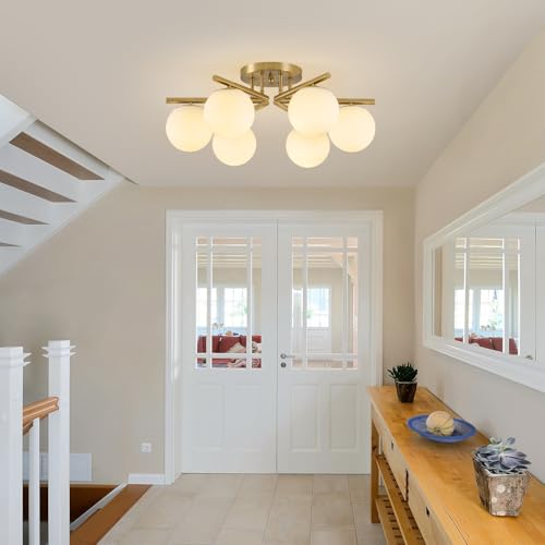 Image of 6 Lights Sputnik Ceiling Light Fixture,Semi Flush Mount Ceiling Light Sputnik with Milk Glass Globe, Brushed Brass Chandelier for Living Room, 25.98'' Large Mid Century Modern Fixture