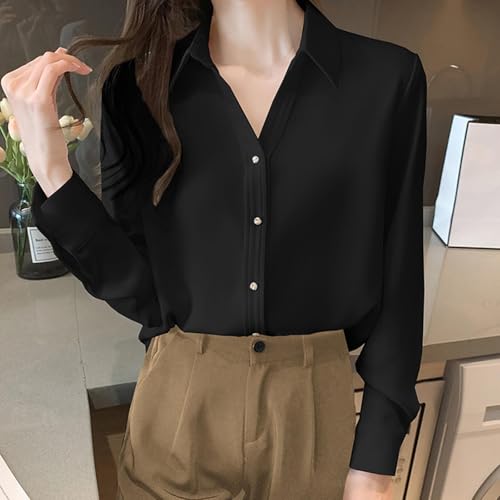 Image of Womens Blouses Long Sleeve Elegant Collared Tops Basic Business Dress V Neck Work Formal Outfits Loose Solid Color Shirt