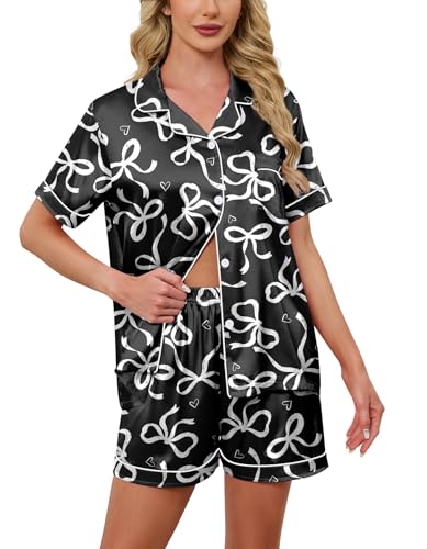 Image of Schbbbta Women Pajamas Set, 2 Pieces Satin Silk Button Down Pjs Short Sleeve Outfits Loungewear