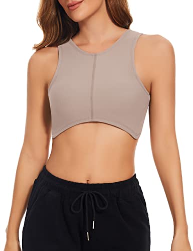Missactiver Women's V Neck Built In Shelf Bra Stitch Curve Hem Sleeveless Vest Racerback Padded Cropped Tank Top Workout Yoga Khaki #TOP15
