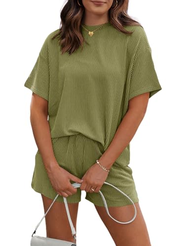 RUBZOOF Women's 2 Piece Shorts Set Casual Summer Ribbed Textured Knit Loose Crew Neck Lounge Sets Fashion Outfits Sweatsuits Army Green L