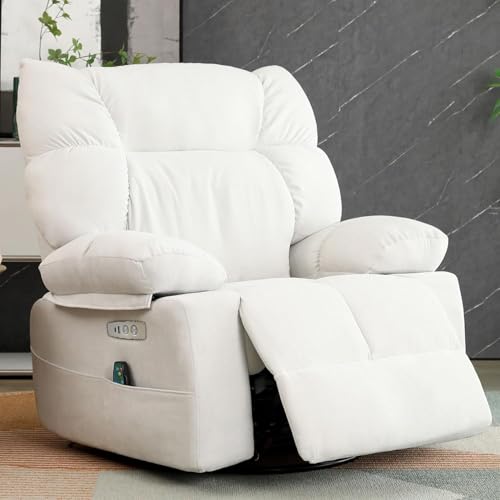 Image of EDWELL White Power Recliner Chair, Swivel Rocking Recliner Chairs for Adults with Massage and Heated, Soft Single Reclining Swivel Sofa with USB, USB-C Ports for Living Room