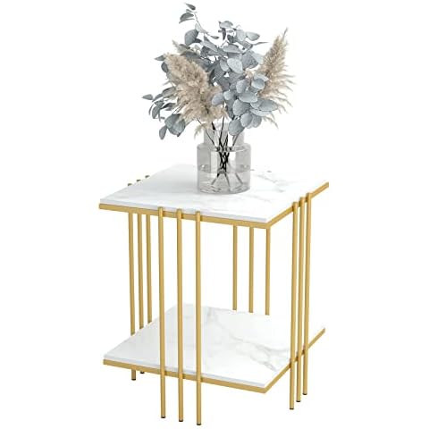 FATIVO Mesa Auxiliar Dorada de Mármol con 2 Niveles Cover