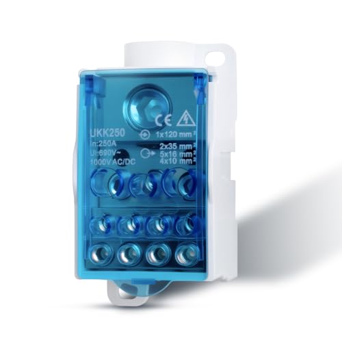 Innfeeltech 1Pcs Terminal Block Distribution Box 250A 1 In 11 Out, Din Rail Terminal Blocks Distribution Box Blue Shell