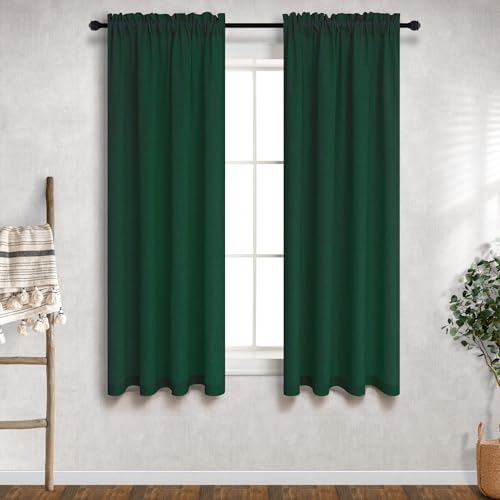 Mrs.Naturall 36x54 Inch Length Hunter Green Linen Curtains Drapes Light Filtering Semi Sheer for Living Room Bedroom